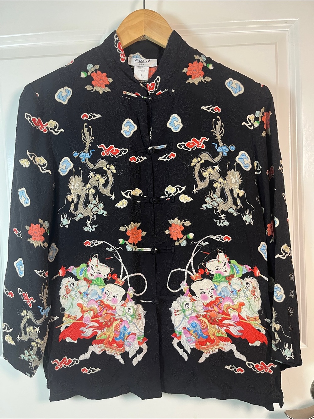Aria A 100% Silk Asian Print Button Front Shirt Blouse, vintage, small, black